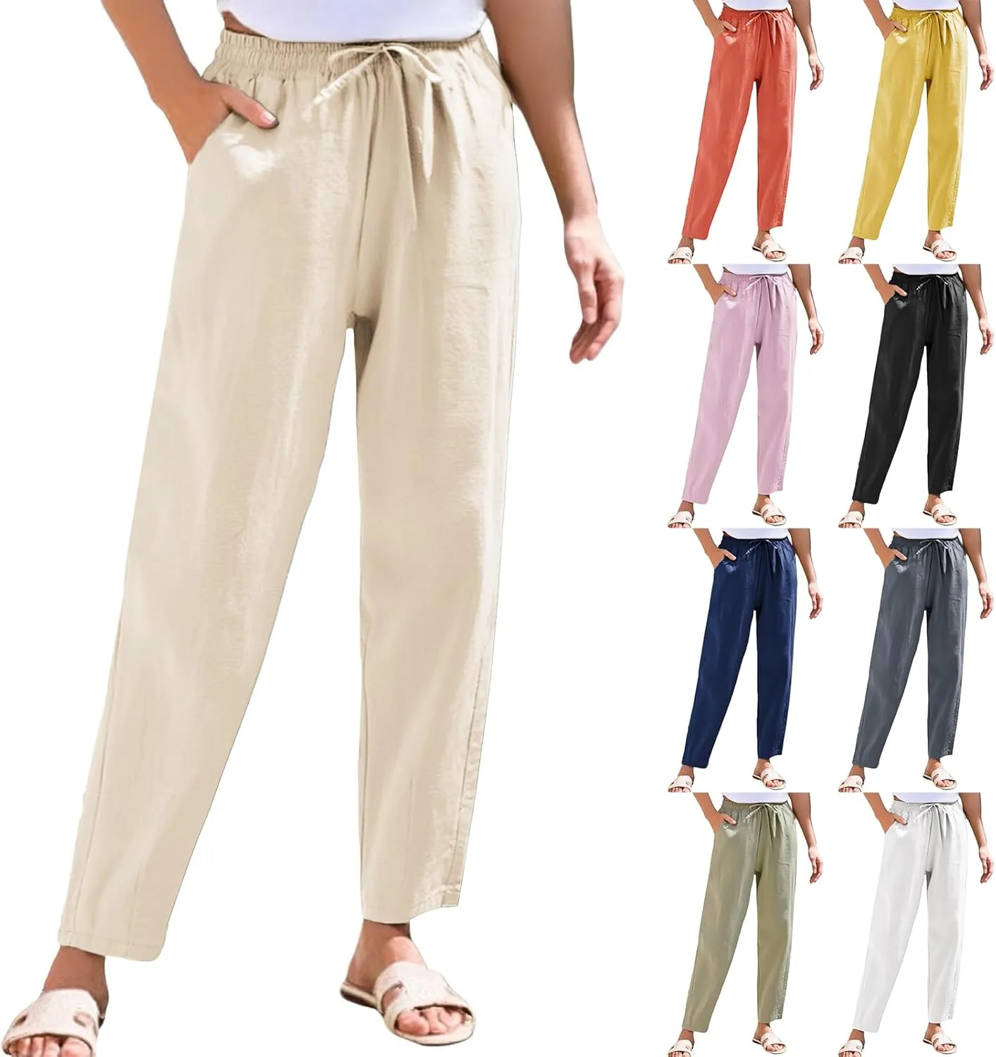 Cropped Linen Pants Women Elastic Waist Straight Leg Ankle Pants Lightweight Comfy Trousers 2025 Summer Beach Outfits