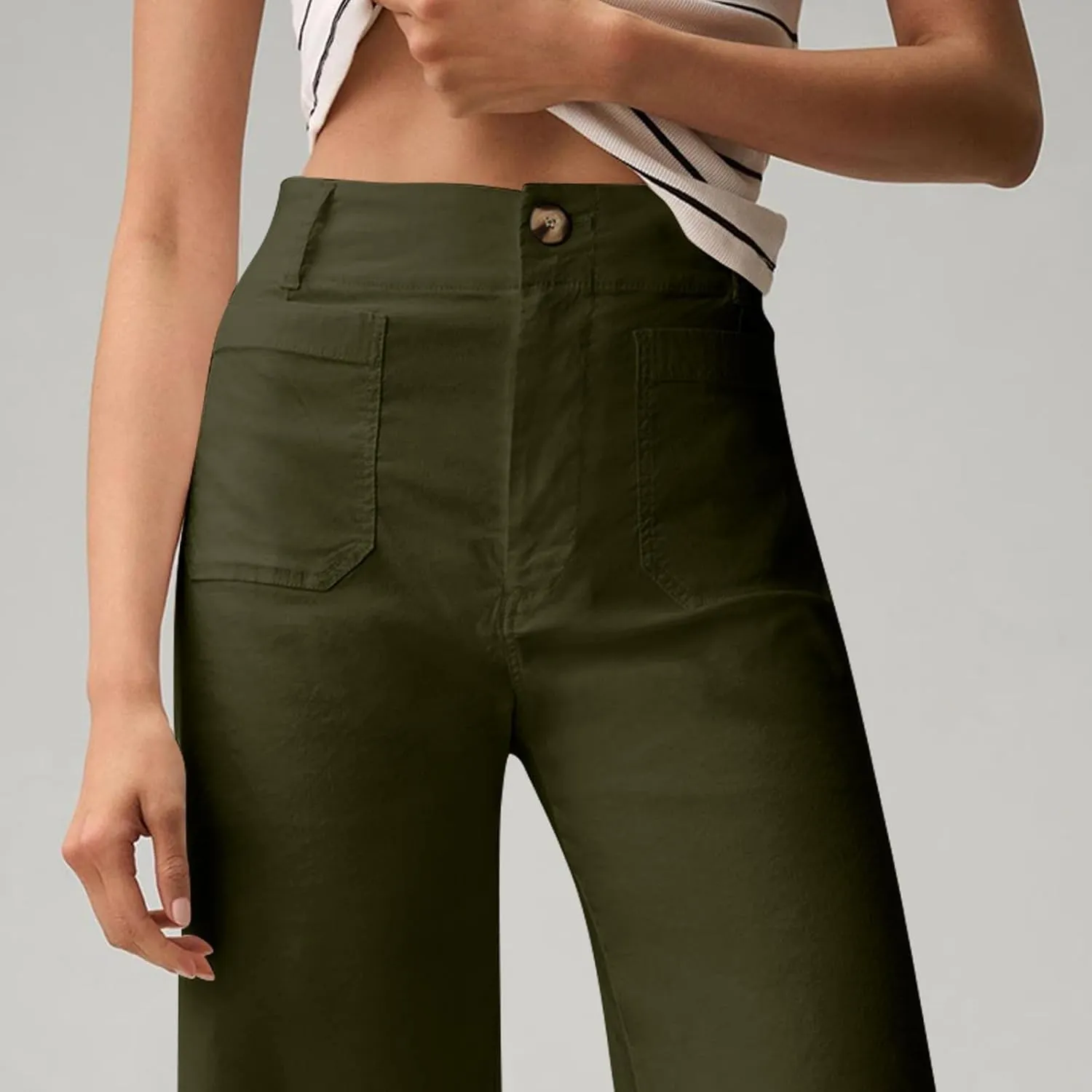 Cropped Pants for Women Stretch Straight Wide Leg High Waisted Business Work Chino Trousers Jeans with Pockets