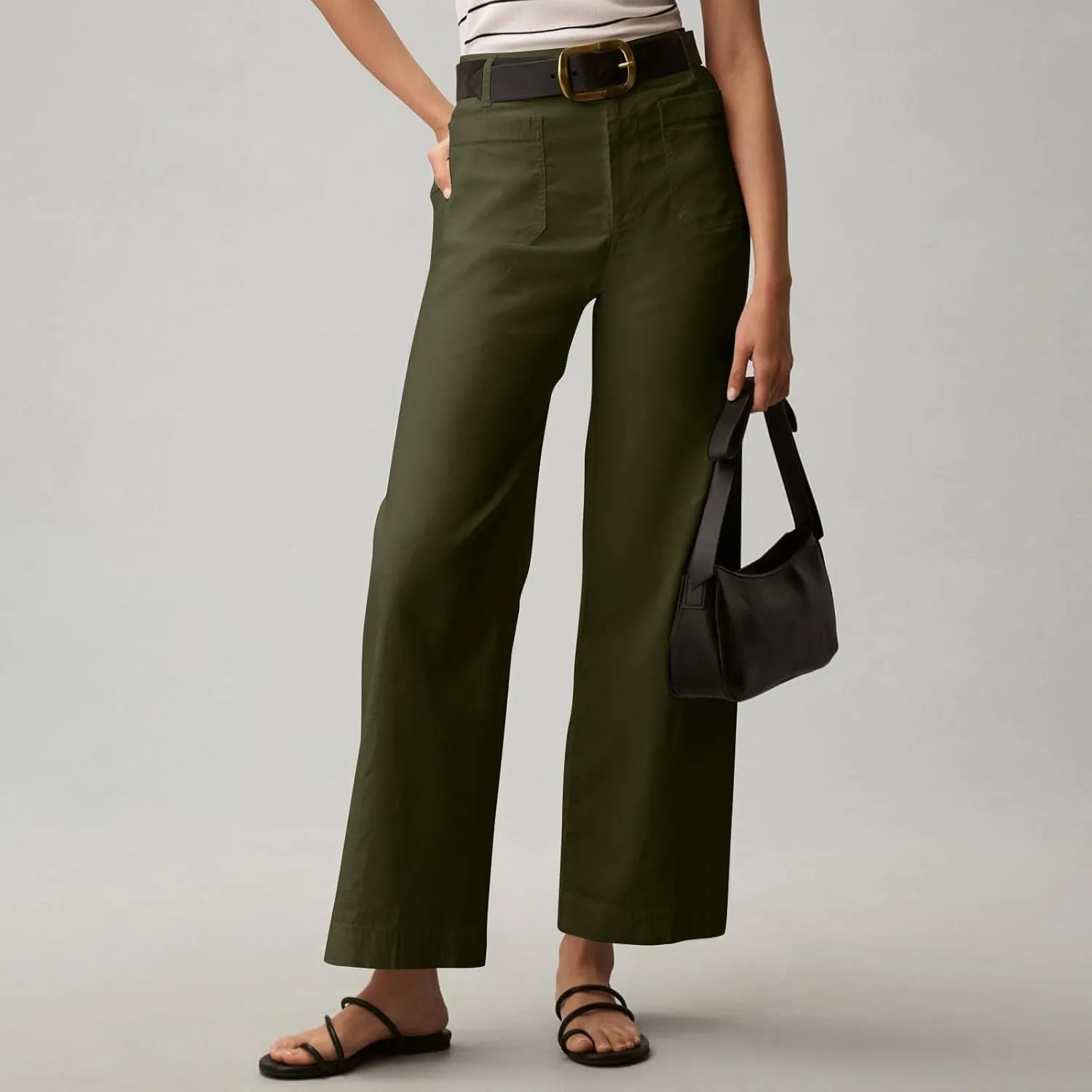 Cropped Pants for Women Stretch Straight Wide Leg High Waisted Business Work Chino Trousers Jeans with Pockets