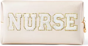CY2SIDE NURSE Letter Makeup Bag - White Chenille Letter Patch Cosmetic Bag Shell Gold PU Leather Patch Travel Pouch Waterproof Portable Zipper Travel Organizer Case Christmas Gifts for Nurse Women