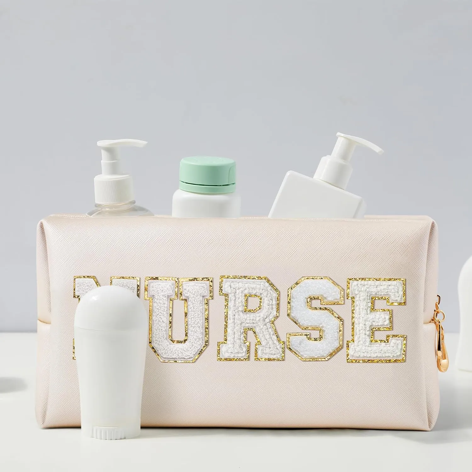 CY2SIDE NURSE Letter Makeup Bag - White Chenille Letter Patch Cosmetic Bag Shell Gold PU Leather Patch Travel Pouch Waterproof Portable Zipper Travel Organizer Case Christmas Gifts for Nurse Women