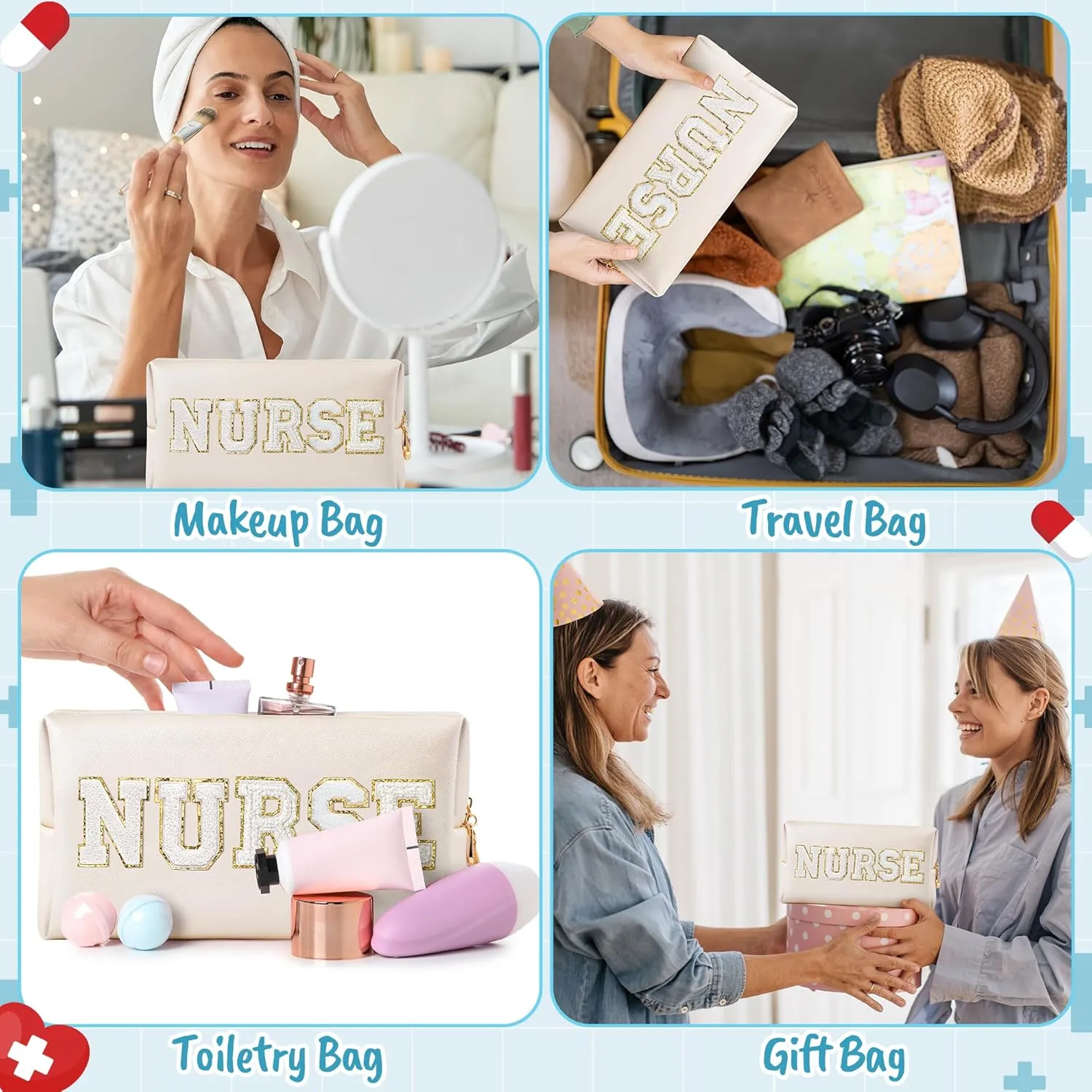 CY2SIDE NURSE Letter Makeup Bag - White Chenille Letter Patch Cosmetic Bag Shell Gold PU Leather Patch Travel Pouch Waterproof Portable Zipper Travel Organizer Case Christmas Gifts for Nurse Women