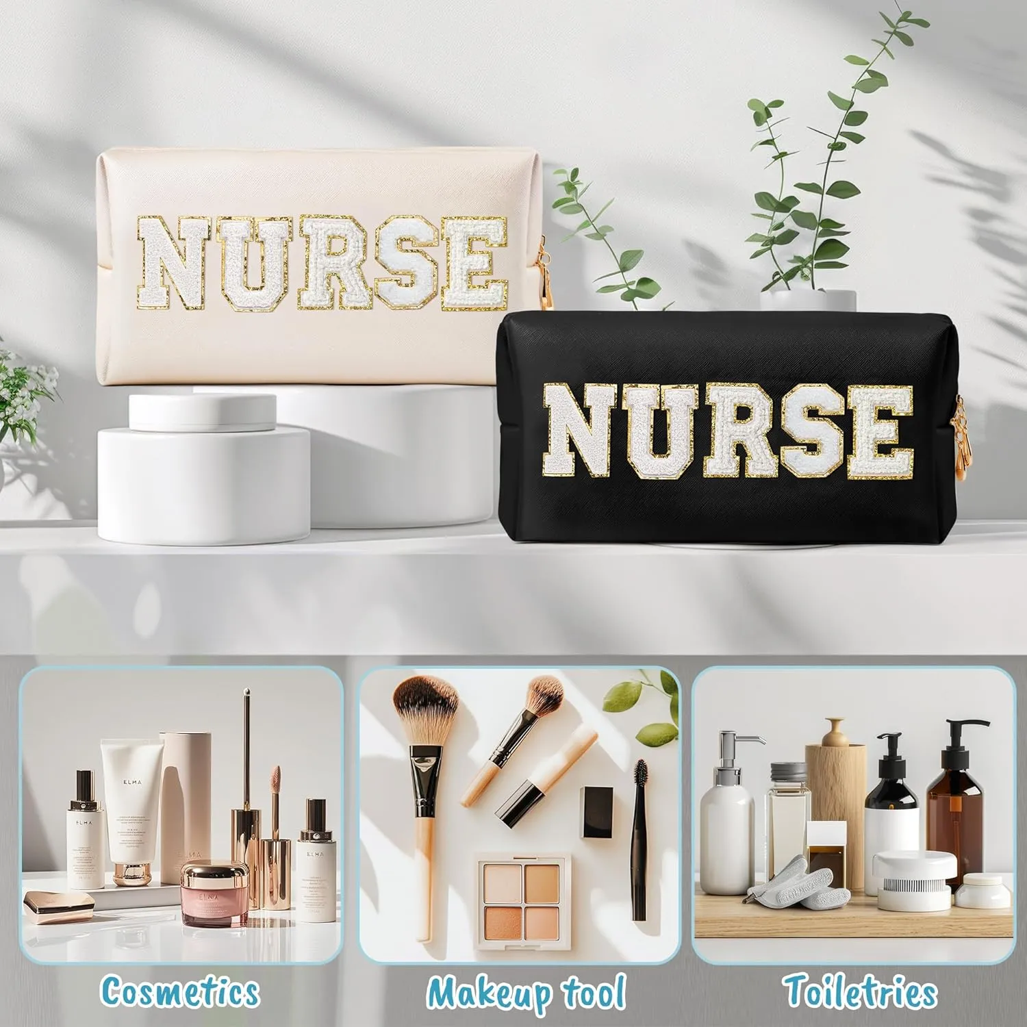 CY2SIDE NURSE Letter Makeup Bag - White Chenille Letter Patch Cosmetic Bag Shell Gold PU Leather Patch Travel Pouch Waterproof Portable Zipper Travel Organizer Case Christmas Gifts for Nurse Women