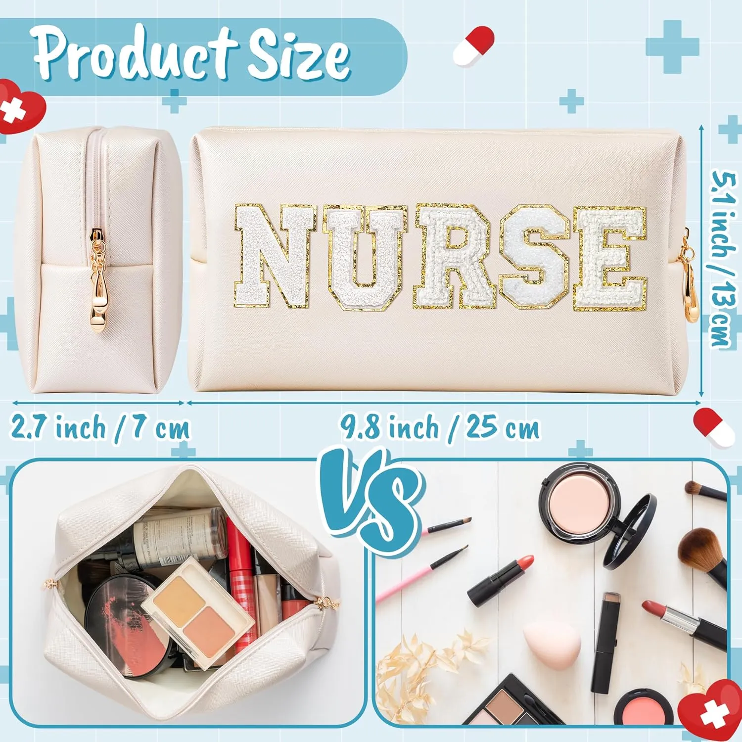 CY2SIDE NURSE Letter Makeup Bag - White Chenille Letter Patch Cosmetic Bag Shell Gold PU Leather Patch Travel Pouch Waterproof Portable Zipper Travel Organizer Case Christmas Gifts for Nurse Women