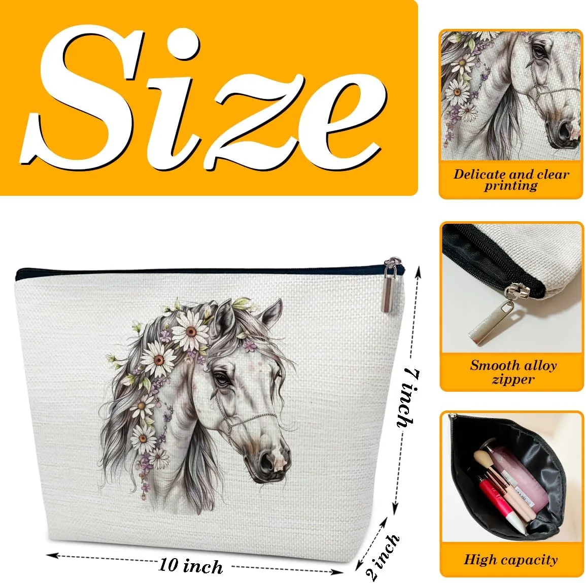 Daisy Horse Makeup Bag, Floral Cosmetic Bag for Purse, Horse Lovers Gifts for Women, Besties, Daughter, Best Friends, Cowgirl Stuff