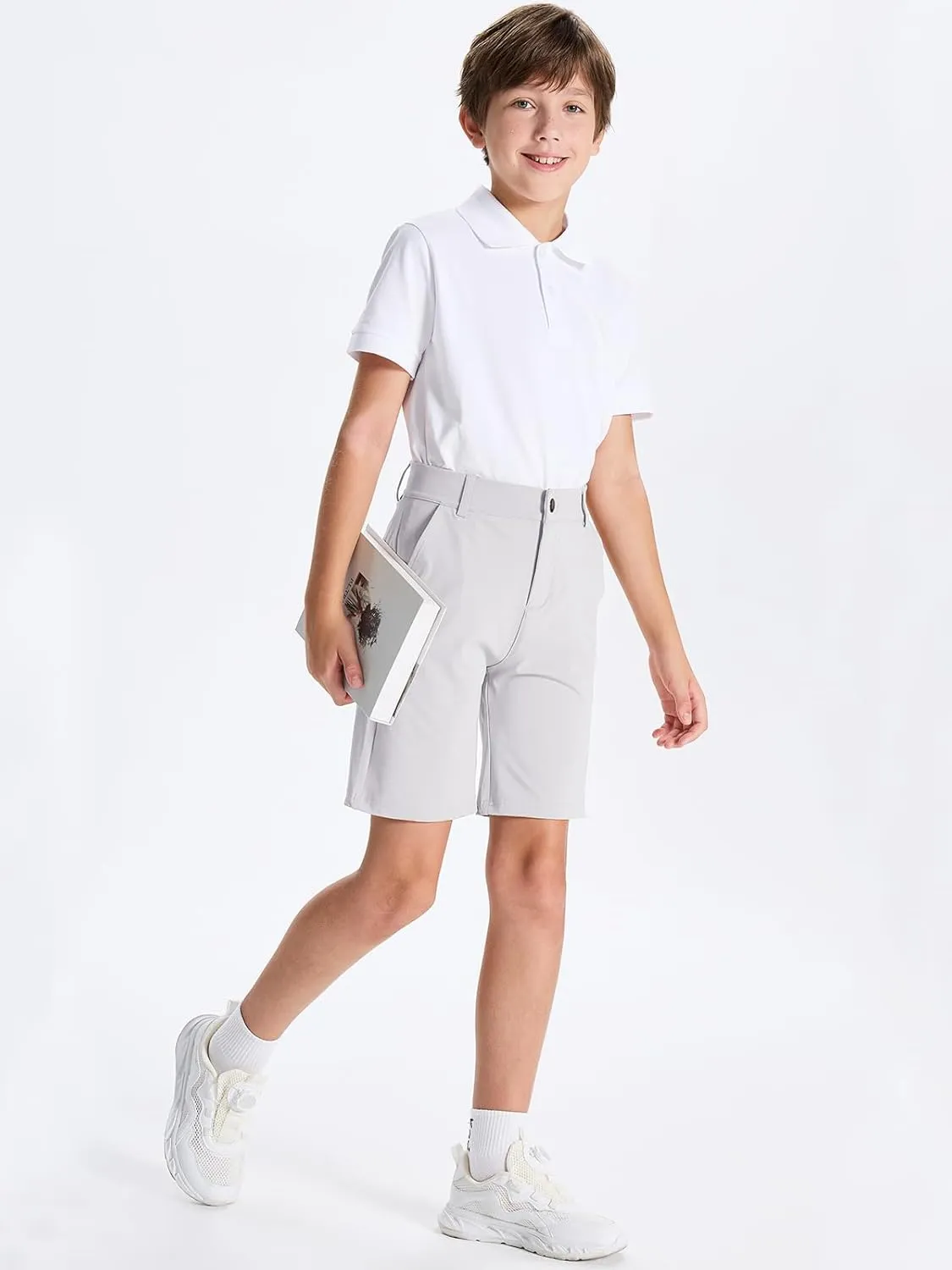 DEVOROPA Youth Boys Golf Shorts Stretch School Uniform Clothes Kids Flat Front Dress Chino Hybrid Twill Casual Shorts Pockets