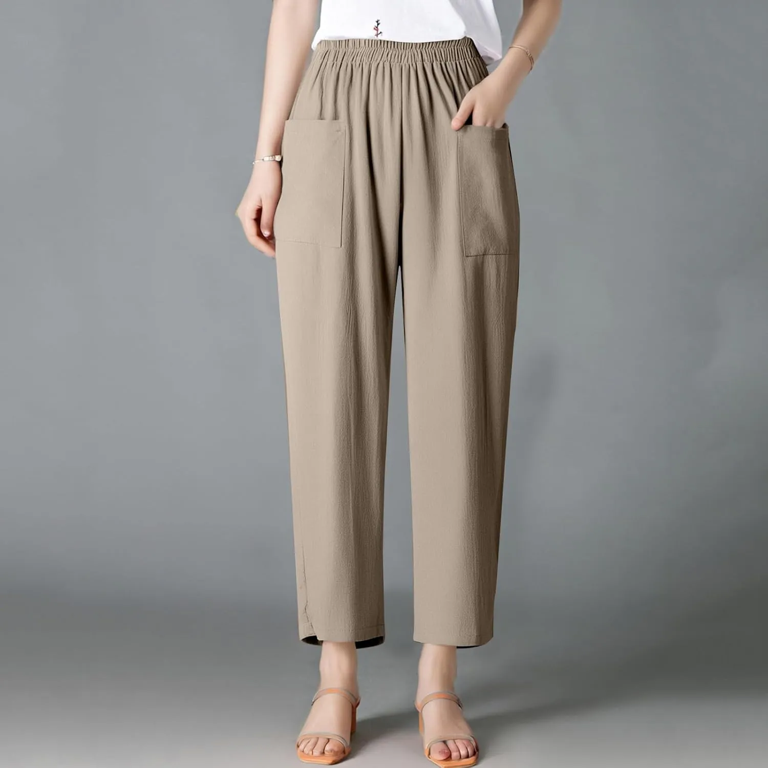 Dressy Palazzo Pants for Women Flowy Linen Pants Elastic High Waist Summer Work Pant Trouser Lounge Pant with Pocket