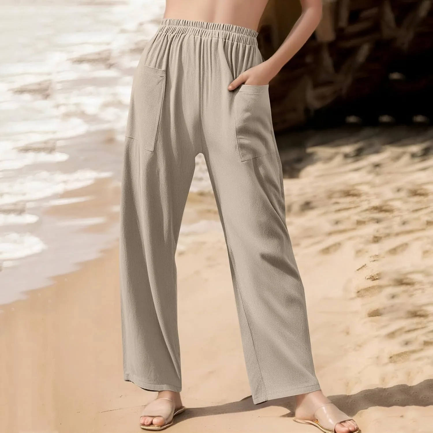 Dressy Palazzo Pants for Women Flowy Linen Pants Elastic High Waist Summer Work Pant Trouser Lounge Pant with Pocket
