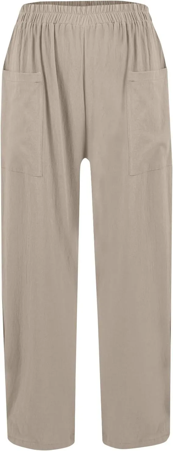 Dressy Palazzo Pants for Women Flowy Linen Pants Elastic High Waist Summer Work Pant Trouser Lounge Pant with Pocket