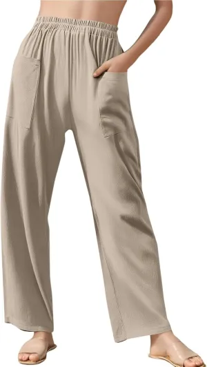 Dressy Palazzo Pants for Women Flowy Linen Pants Elastic High Waist Summer Work Pant Trouser Lounge Pant with Pocket