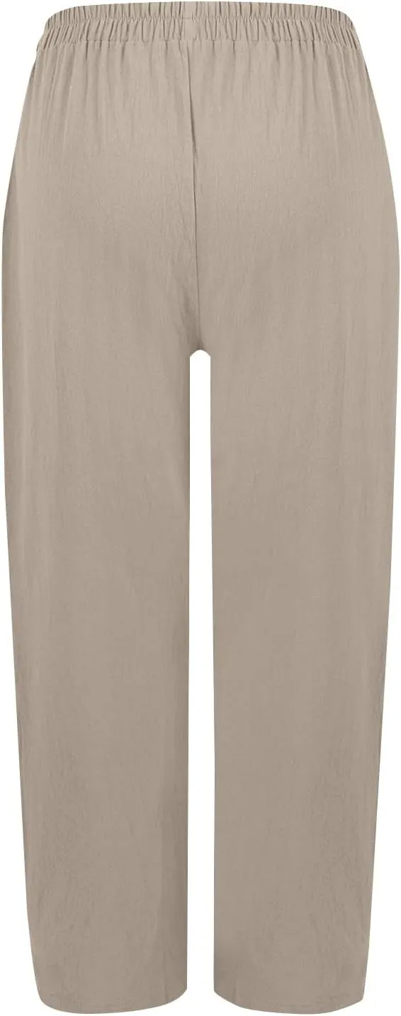 Dressy Palazzo Pants for Women Flowy Linen Pants Elastic High Waist Summer Work Pant Trouser Lounge Pant with Pocket