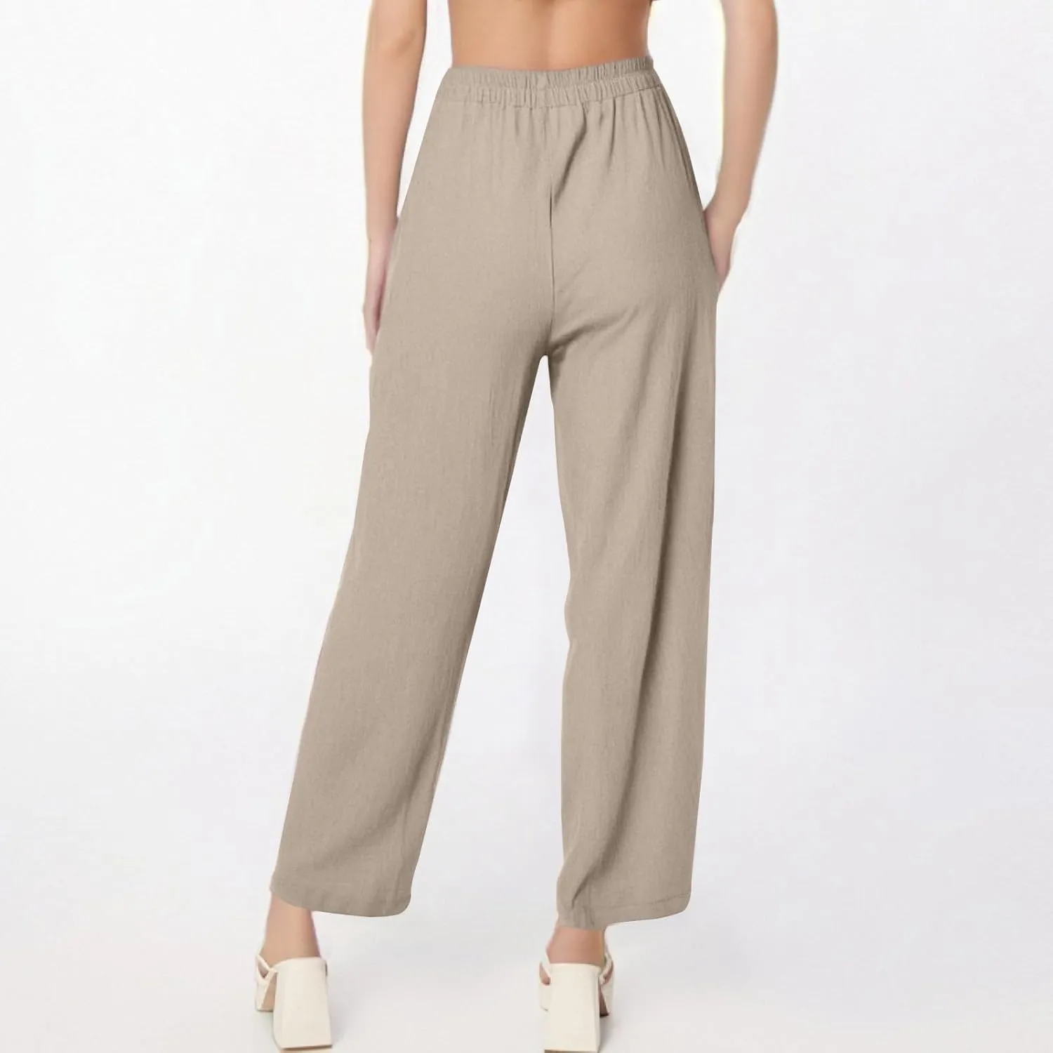 Dressy Palazzo Pants for Women Flowy Linen Pants Elastic High Waist Summer Work Pant Trouser Lounge Pant with Pocket