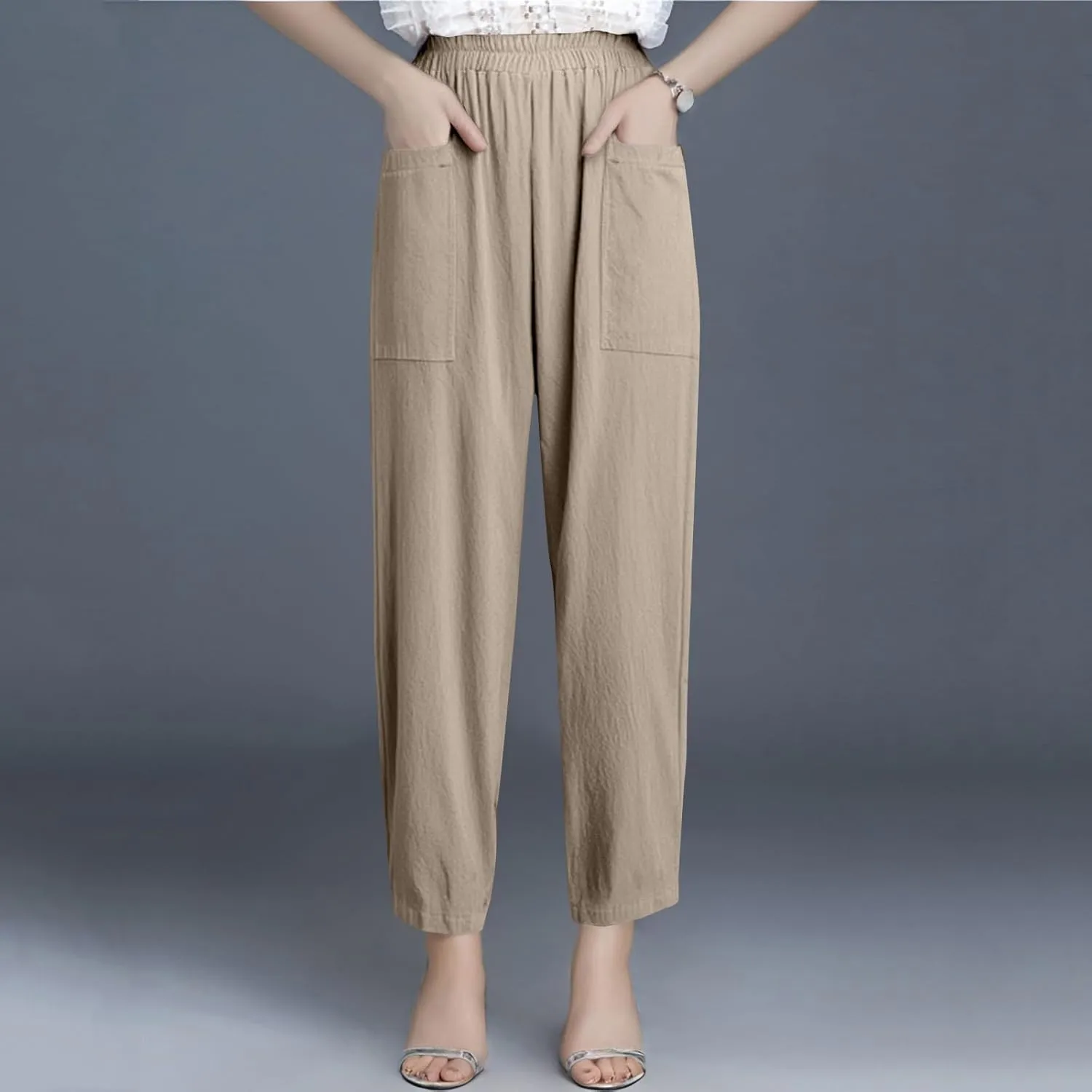 Dressy Palazzo Pants for Women Flowy Linen Pants Elastic High Waist Summer Work Pant Trouser Lounge Pant with Pocket