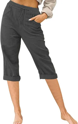Elastic Waist Linen Capris for Women Drawstring Plus Size Capri Pants Lightweight Summer Casual Beach Trousers with Pockets Womens Linen Pants Plus Size Linen Pants Elastic Waist Pants for Women