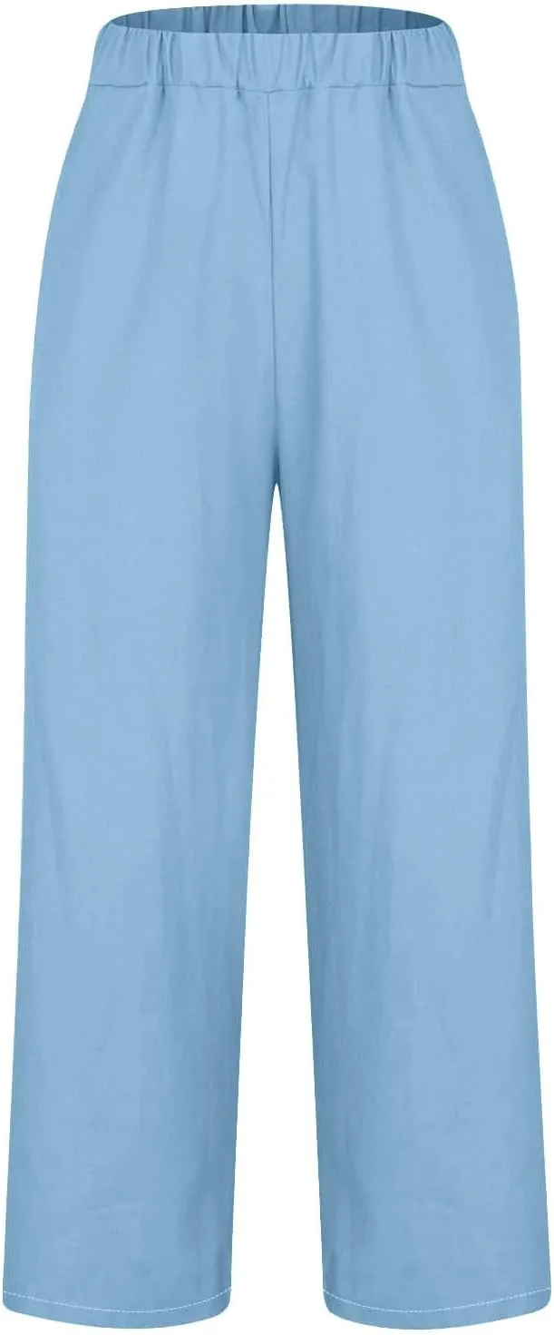 Elastic Waist Pants for Women Trendy 2024 Summer Casual Straight Leg Cotton Linen Pants Cropped Lounge Trousers