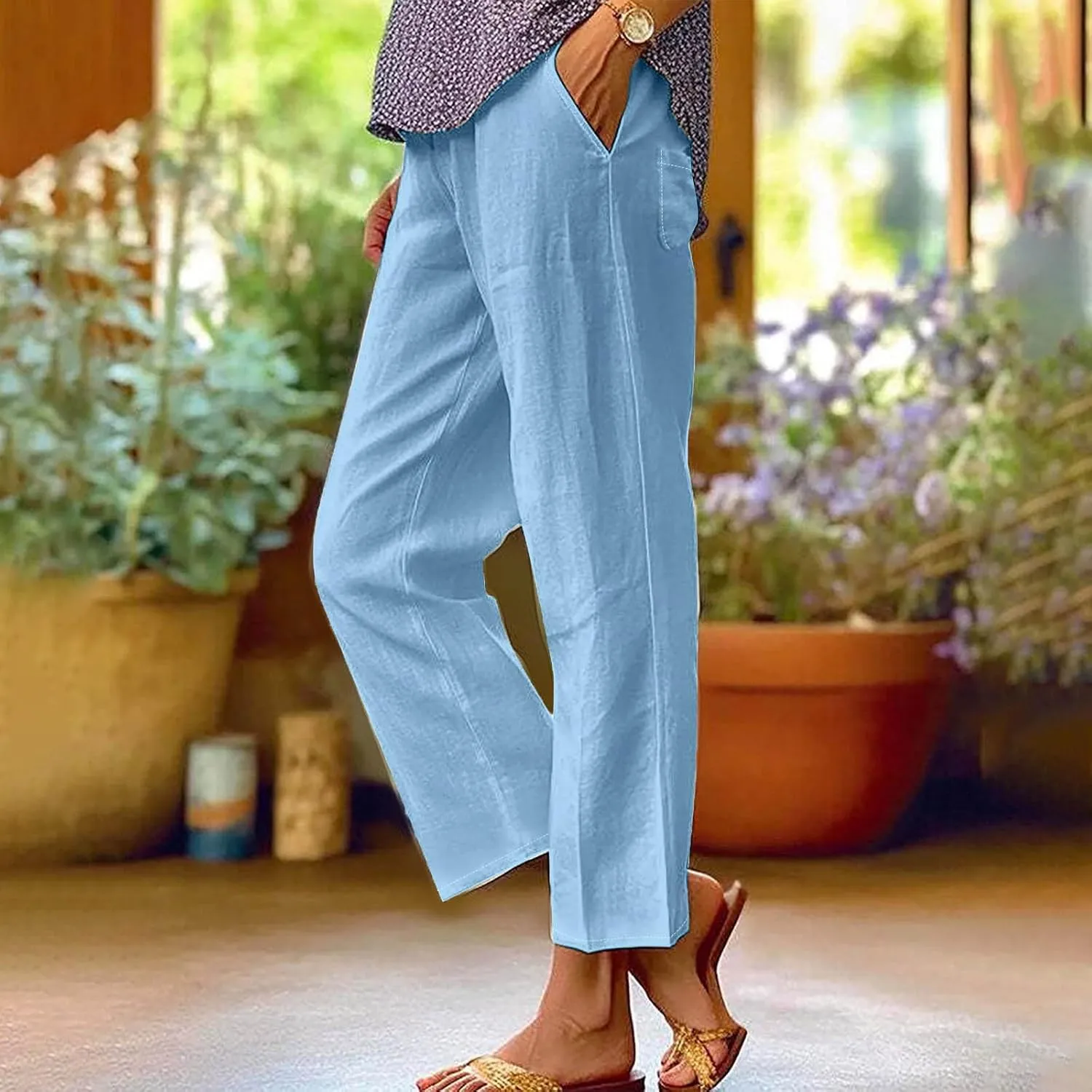 Elastic Waist Pants for Women Trendy 2024 Summer Casual Straight Leg Cotton Linen Pants Cropped Lounge Trousers