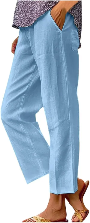 Elastic Waist Pants for Women Trendy 2024 Summer Casual Straight Leg Cotton Linen Pants Cropped Lounge Trousers