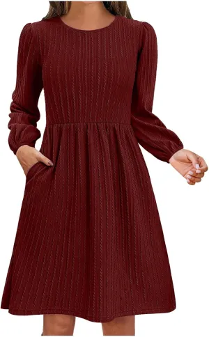 Elegant Dresses for Women Long Sleeve Crewneck Causal Empire Waist Ruffle Dress with Pockets Fashion Work Midi Dress