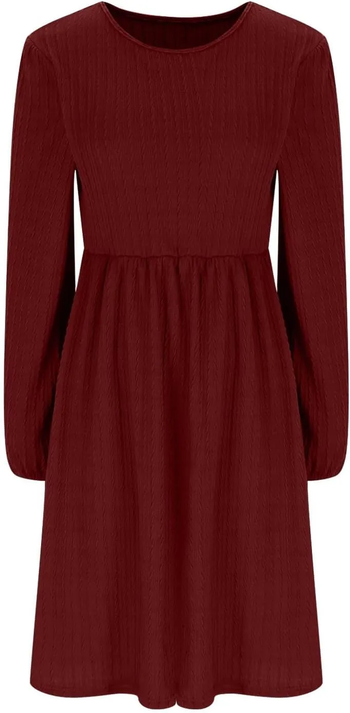 Elegant Dresses for Women Long Sleeve Crewneck Causal Empire Waist Ruffle Dress with Pockets Fashion Work Midi Dress