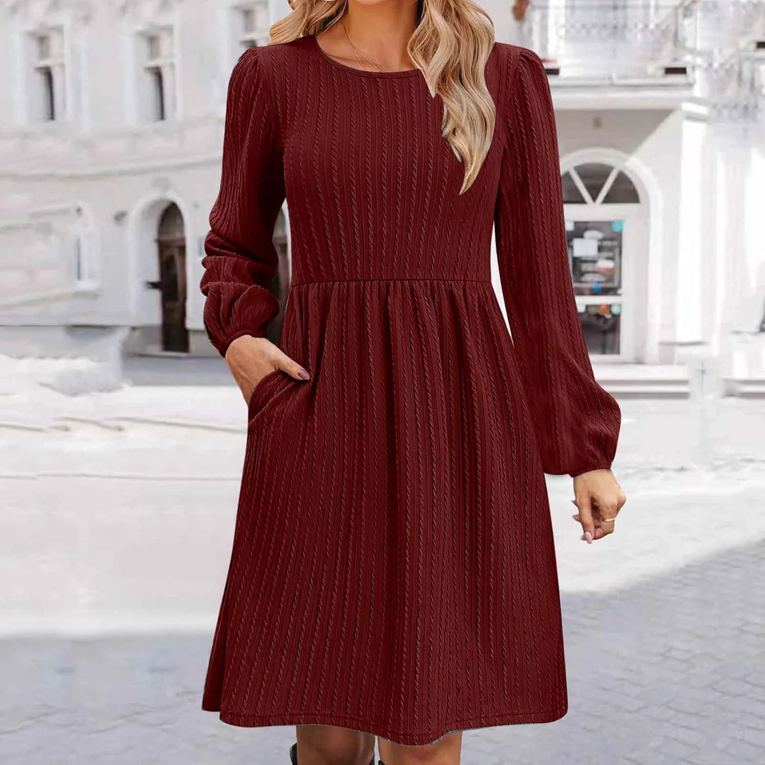Elegant Dresses for Women Long Sleeve Crewneck Causal Empire Waist Ruffle Dress with Pockets Fashion Work Midi Dress