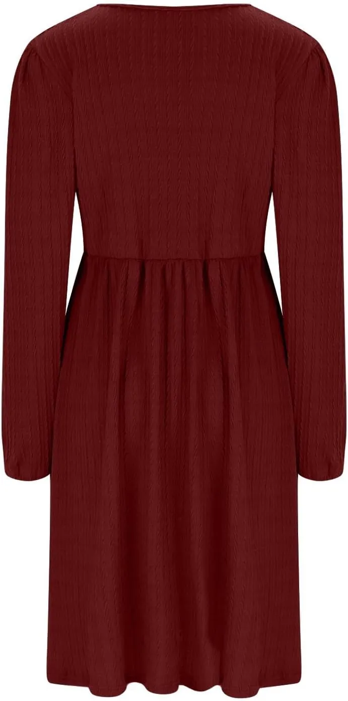 Elegant Dresses for Women Long Sleeve Crewneck Causal Empire Waist Ruffle Dress with Pockets Fashion Work Midi Dress