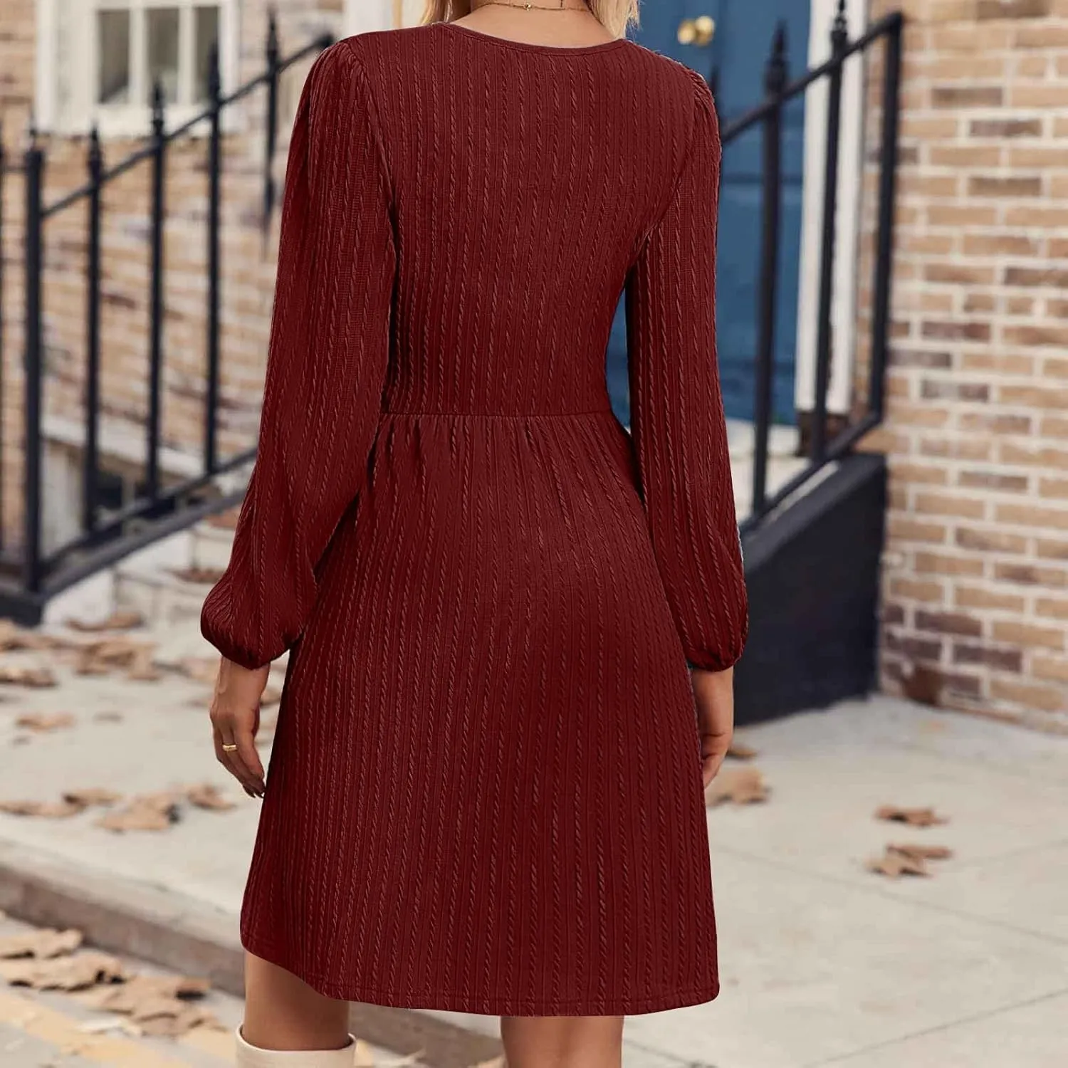 Elegant Dresses for Women Long Sleeve Crewneck Causal Empire Waist Ruffle Dress with Pockets Fashion Work Midi Dress