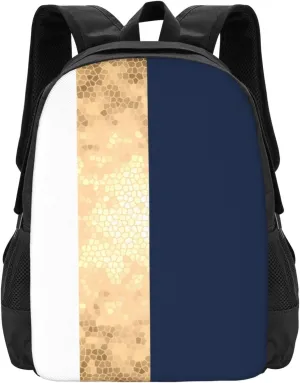 Elegant Faux Gold, Navy Blue, White Stripes Large Lightweight Backpack  Large Capacity 15 Laptop Bag For Travel & Outdoor