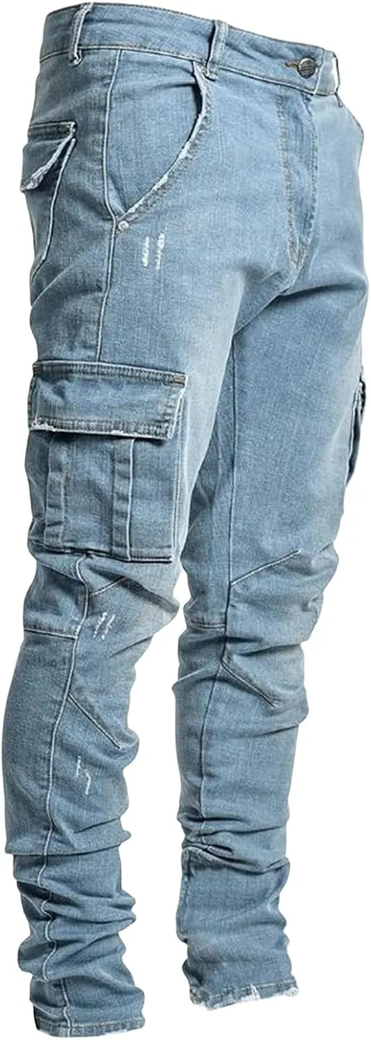 evzosrz Men's Slim Fit Jeans Multi Pockets Ripped Distressed Destroyed Stretch Skinny Denim Pants Fashion Denim Pants