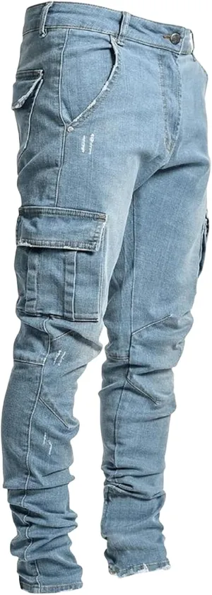 evzosrz Men's Slim Fit Jeans Multi Pockets Ripped Distressed Destroyed Stretch Skinny Denim Pants Fashion Denim Pants