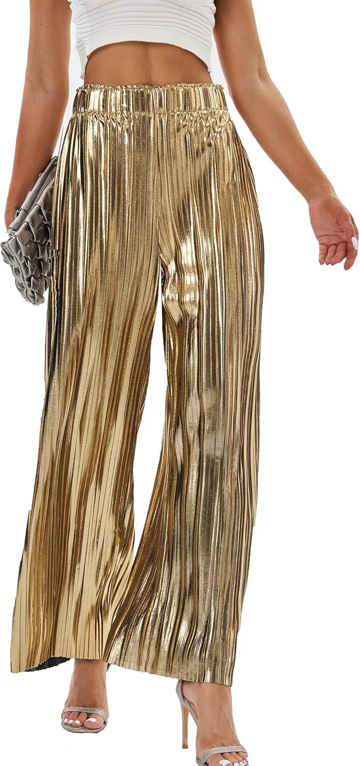 Fakanhui Women's Metallic Wide Leg Palazzo Pants Gold Silver Casual Dress Evening Party Clubwear Trouser