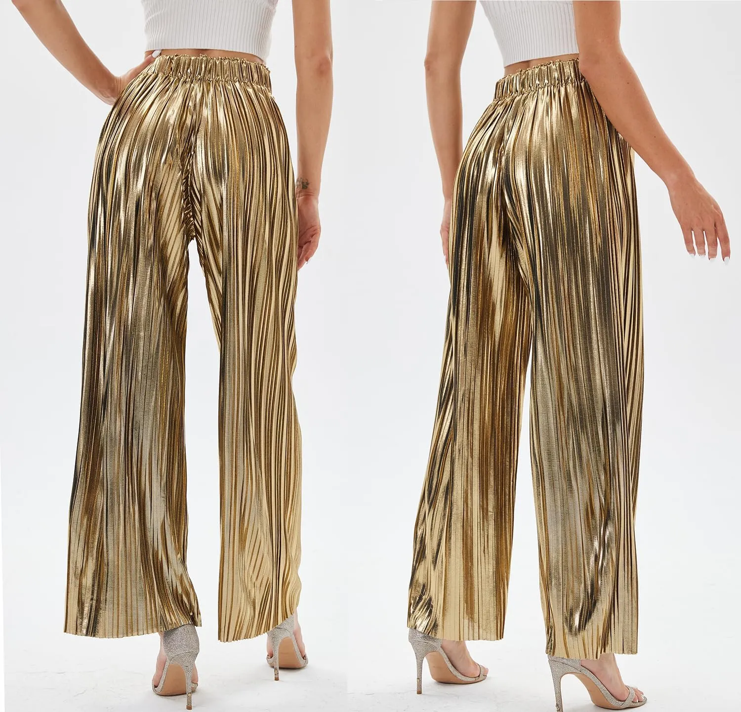 Fakanhui Women's Metallic Wide Leg Palazzo Pants Gold Silver Casual Dress Evening Party Clubwear Trouser