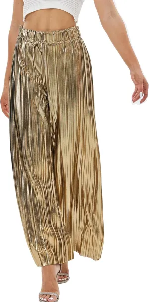 Fakanhui Women's Metallic Wide Leg Palazzo Pants Gold Silver Casual Dress Evening Party Clubwear Trouser