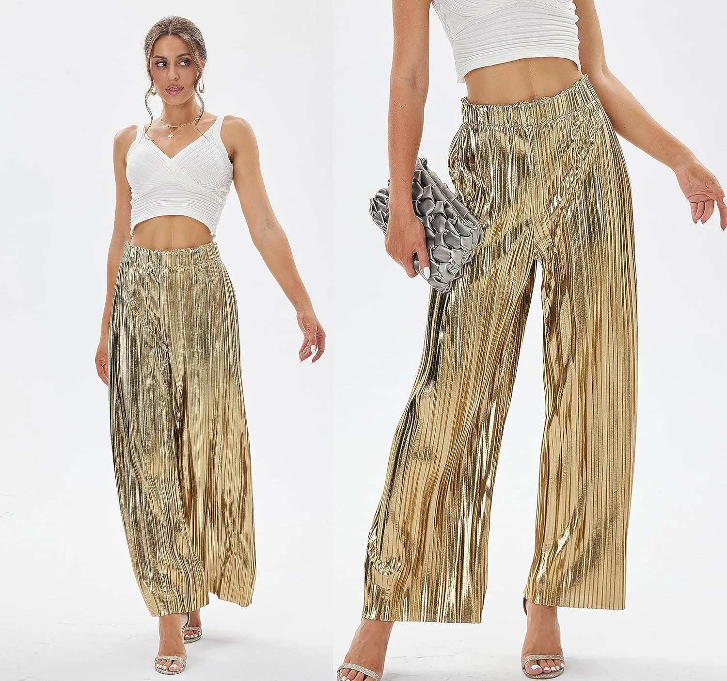 Fakanhui Women's Metallic Wide Leg Palazzo Pants Gold Silver Casual Dress Evening Party Clubwear Trouser