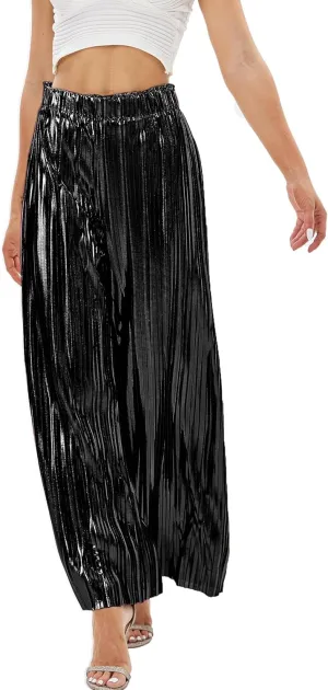 Fakanhui Women's Metallic Wide Leg Palazzo Pants Gold Silver Casual Dress Evening Party Clubwear Trouser