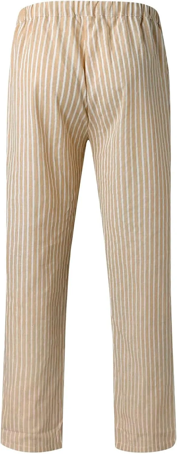 Fashion Women Cotton Linen Pants Drawstring Casual Striped Sweatpants Elastic Waist Summer Loose Lounge Trousers