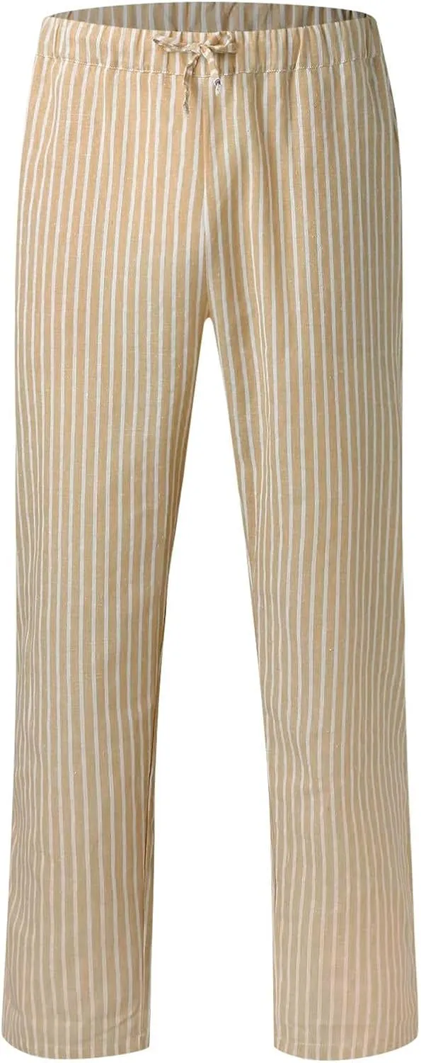 Fashion Women Cotton Linen Pants Drawstring Casual Striped Sweatpants Elastic Waist Summer Loose Lounge Trousers