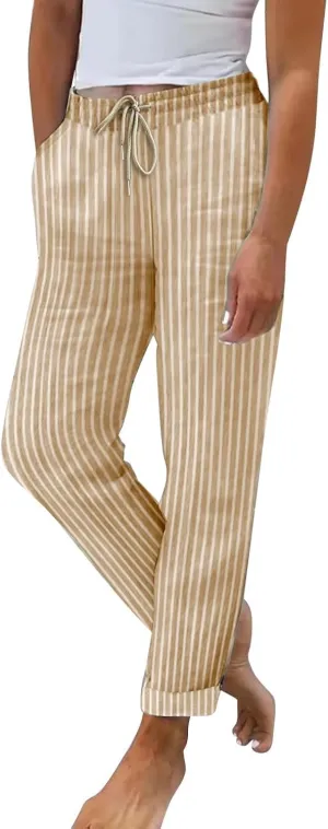 Fashion Women Cotton Linen Pants Drawstring Casual Striped Sweatpants Elastic Waist Summer Loose Lounge Trousers