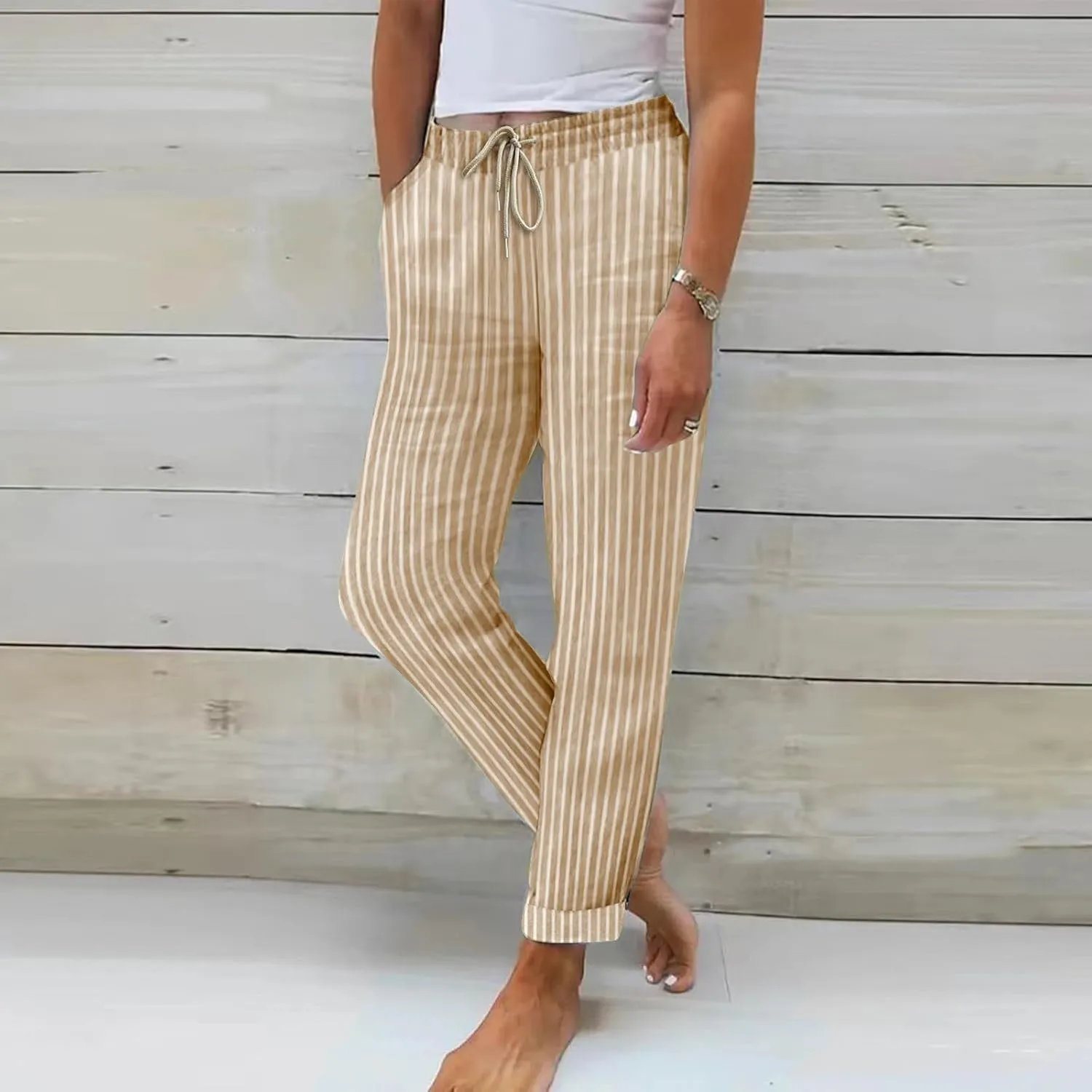 Fashion Women Cotton Linen Pants Drawstring Casual Striped Sweatpants Elastic Waist Summer Loose Lounge Trousers