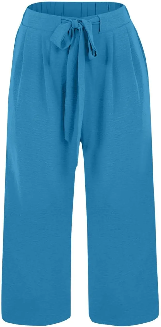Flowy Linen Cropped Pants Women Beach Wide Leg Tie Knot Palazzo Pants Summer Dressy Business High Waisted 3/4 Trouser