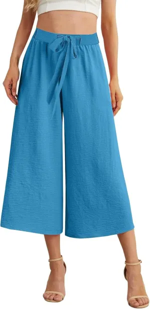 Flowy Linen Cropped Pants Women Beach Wide Leg Tie Knot Palazzo Pants Summer Dressy Business High Waisted 3/4 Trouser