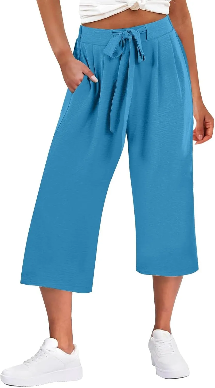 Flowy Linen Cropped Pants Women Beach Wide Leg Tie Knot Palazzo Pants Summer Dressy Business High Waisted 3/4 Trouser