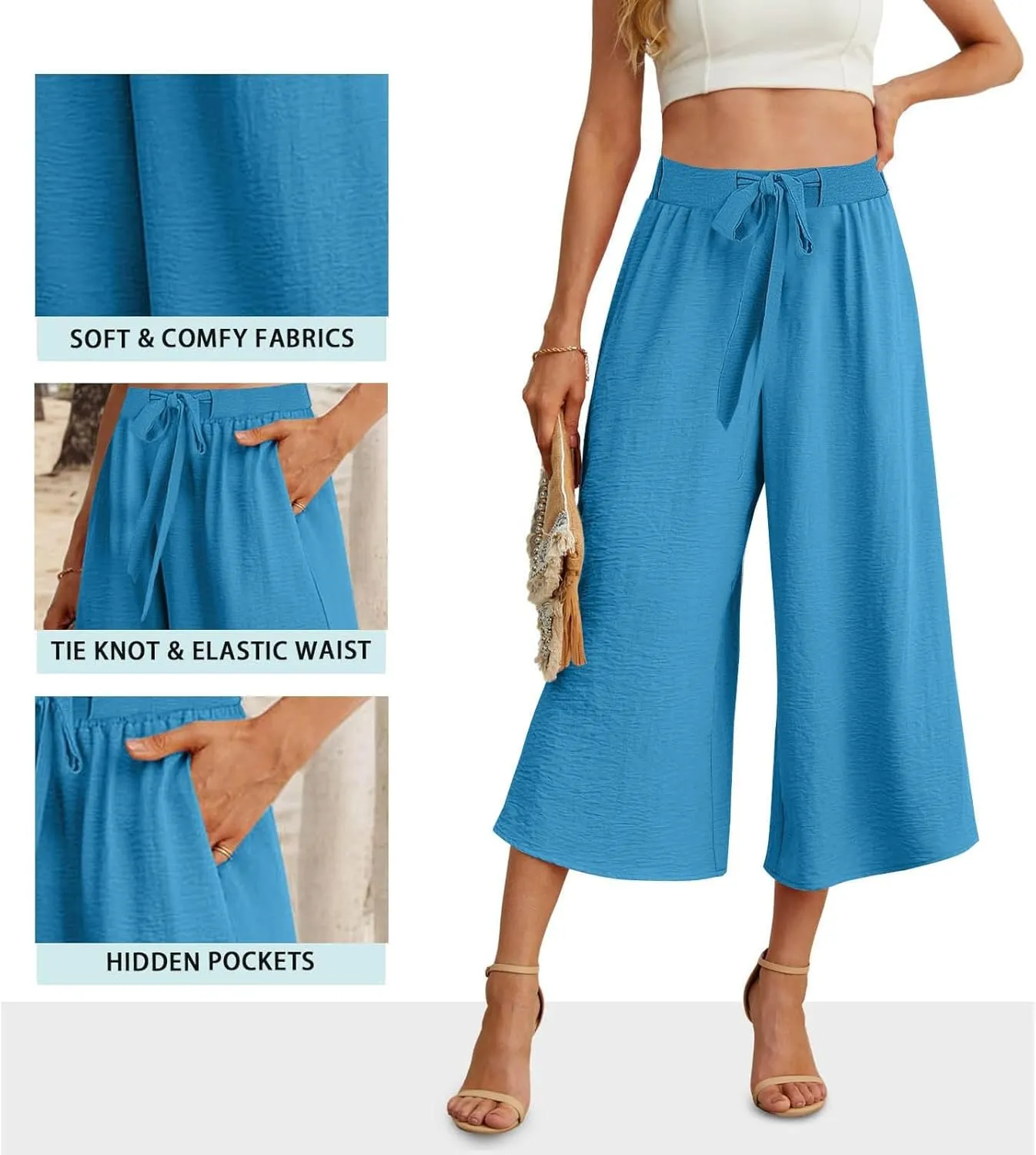 Flowy Linen Cropped Pants Women Beach Wide Leg Tie Knot Palazzo Pants Summer Dressy Business High Waisted 3/4 Trouser