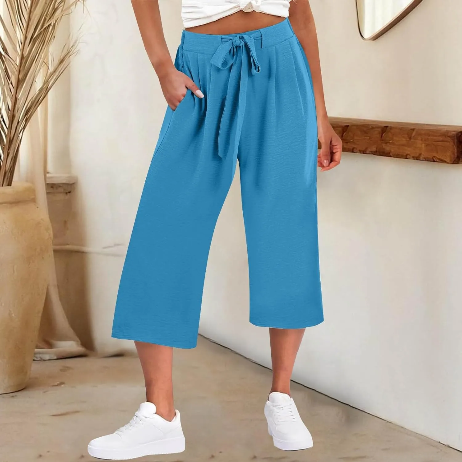 Flowy Linen Cropped Pants Women Beach Wide Leg Tie Knot Palazzo Pants Summer Dressy Business High Waisted 3/4 Trouser