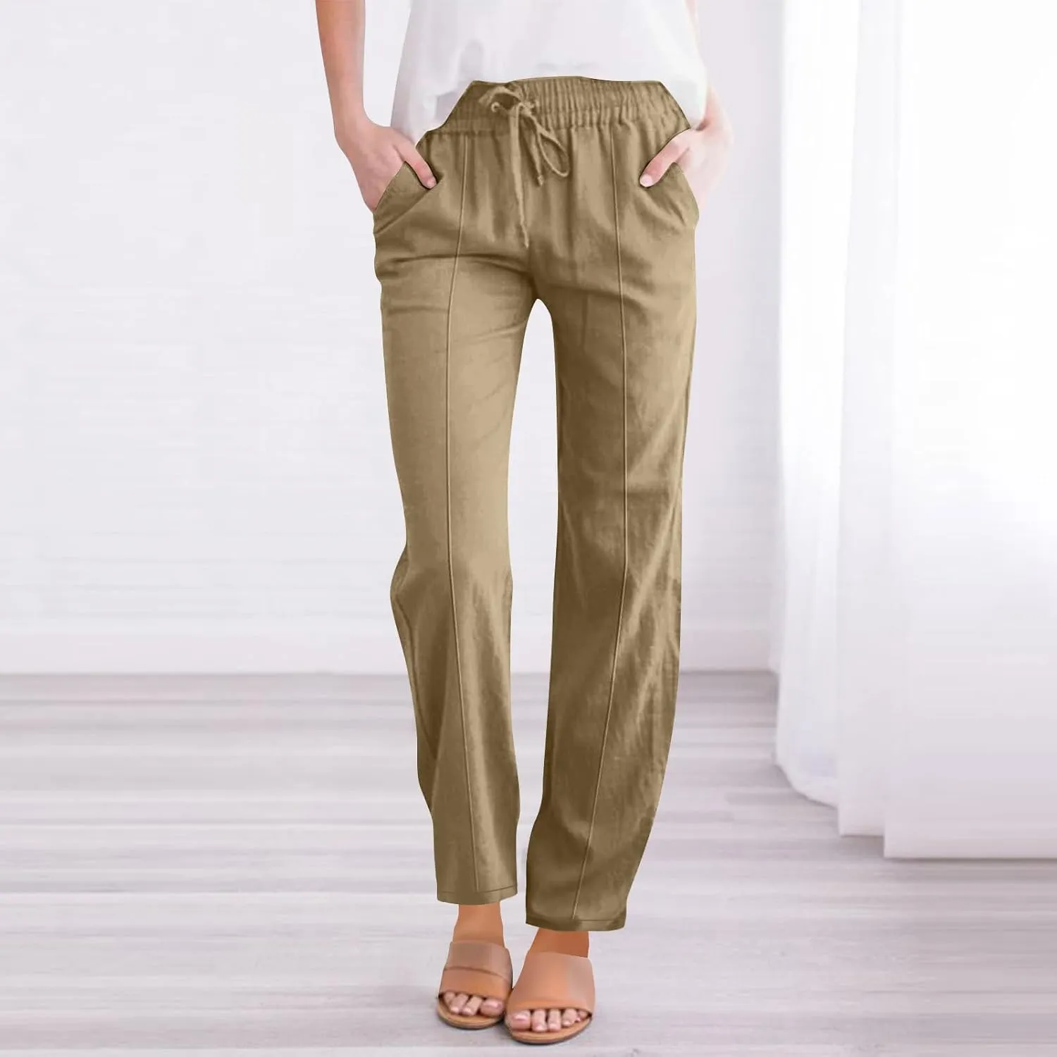 Flowy Linen Pants for Women Casual Solid Color Straight Leg Pants Summer Comfort Drawstring Trousers 2025