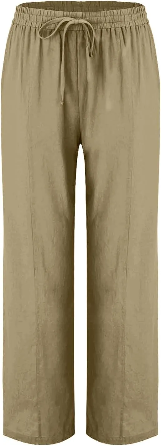 Flowy Linen Pants for Women Casual Solid Color Straight Leg Pants Summer Comfort Drawstring Trousers 2025