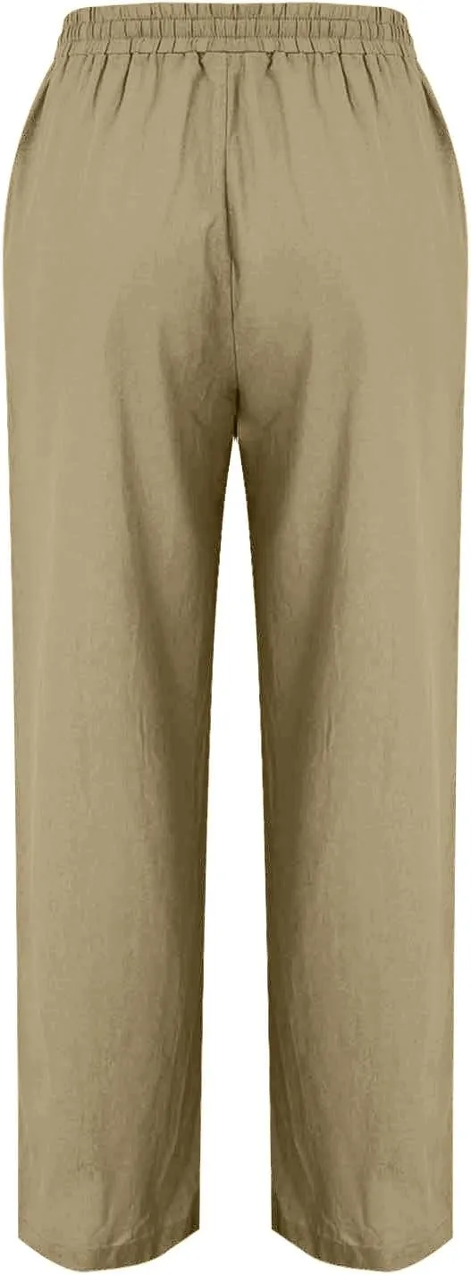 Flowy Linen Pants for Women Casual Solid Color Straight Leg Pants Summer Comfort Drawstring Trousers 2025