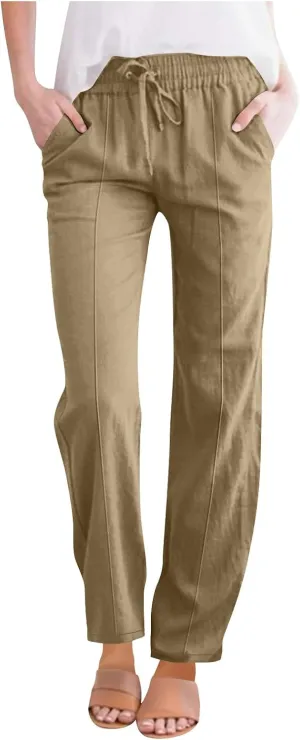Flowy Linen Pants for Women Casual Solid Color Straight Leg Pants Summer Comfort Drawstring Trousers 2025