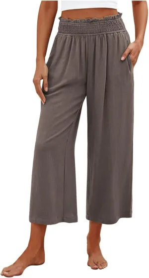 Flowy Pants for Women Wide Leg Palazzo Linen Pants Dressy Summer Casual Elastic Waist Lounge Trousers with Pocket