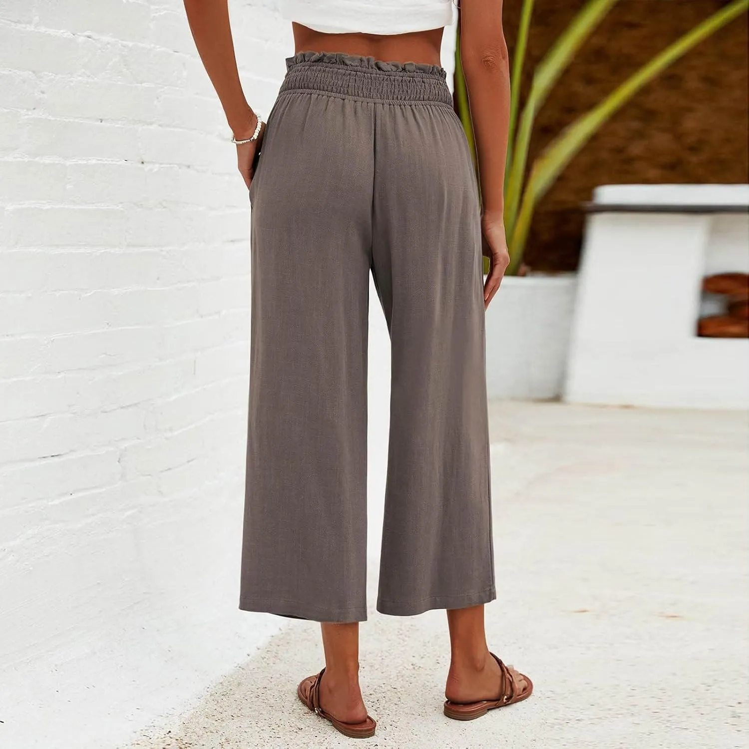 Flowy Pants for Women Wide Leg Palazzo Linen Pants Dressy Summer Casual Elastic Waist Lounge Trousers with Pocket