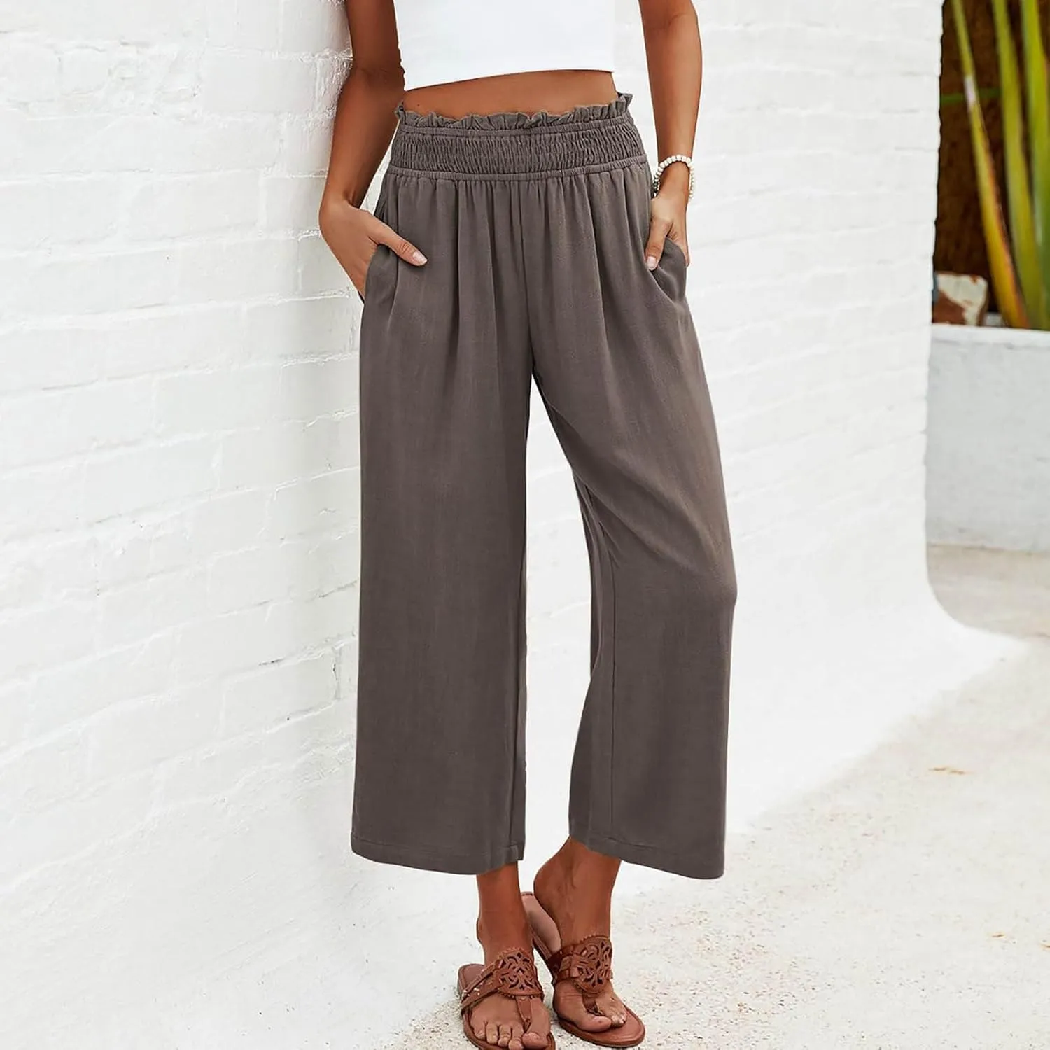 Flowy Pants for Women Wide Leg Palazzo Linen Pants Dressy Summer Casual Elastic Waist Lounge Trousers with Pocket